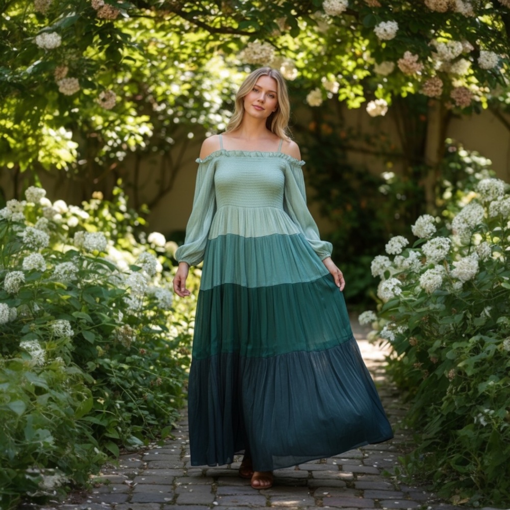 Boho Off-Shoulder Maxi Dress-Long Sleeve Green Ombre, Flowy, Beach Vacation NWT